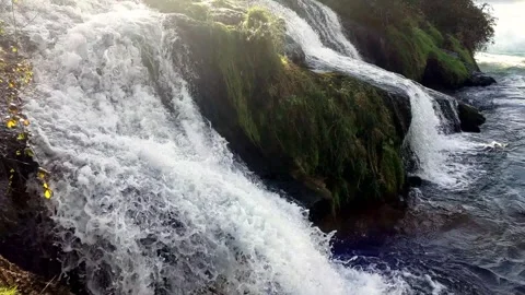 Waterfall and drops scatter on Rhine Falls in Switzerland. 4K. Stock Footage 255576592