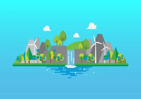 Waterfall and mountain landscape in flat style Stock Illustration