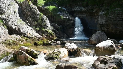 A waterfall and a mountain stream with mossy stones Video stock 219356422