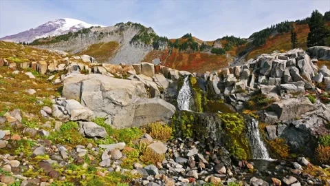 Waterfall and Mountain View on the Skyline Trail at Panorama Point, Mount Rainie Stock Footage 332139535