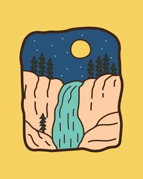 Waterfall and pine tree designs, vector illustrations, badges, pins, t-shirt Stock Illustration