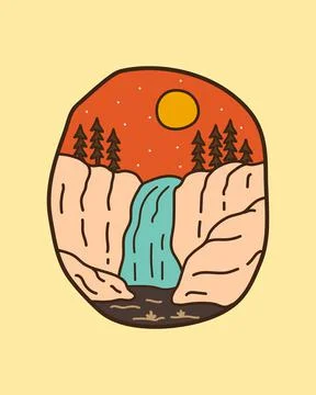 Waterfall and pine tree designs, vector illustrations, badges, pins, t-shirt Stock Illustration