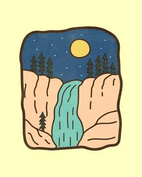 Waterfall and pine tree designs, vector illustrations, badges, pins, t-shirt Stock Illustration
