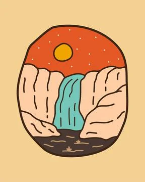 Waterfall and rock designs, vector illustrations, badges, pins, t-shirt art Stock Illustration