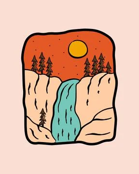 Waterfall and rock designs, vector illustrations, badges, pins, t-shirt art, Stock Illustration