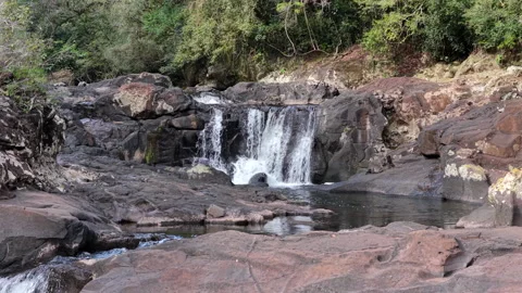 Waterfall and Rock Pool Surrounded by Rainforest, Static Shot Stock Footage 343882804