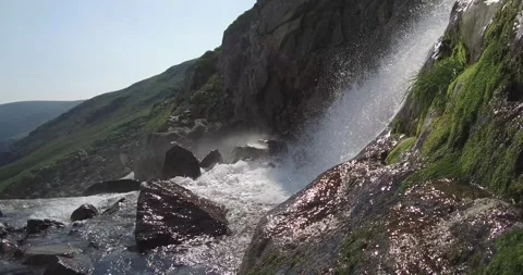 Waterfall and the rocks on the mountain side. Ural mountains Stock Footage 269539835