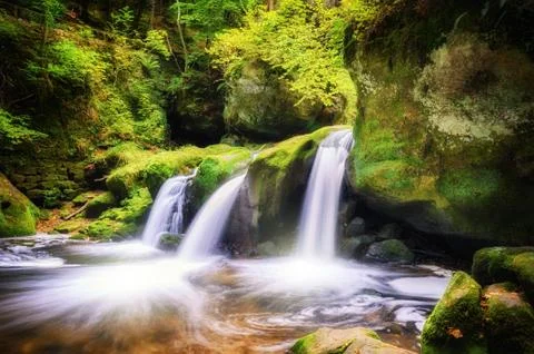 Waterfall in autumn forest Stock Photos