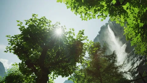 Waterfall behind green trees Stock Footage 218995245
