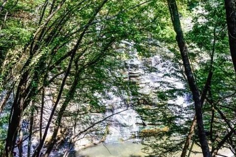 Waterfall between woods Stock Photos