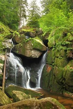 Waterfall at Black Water Stream in Izera Mountains Czech Republic Waterfal... Stock Photos