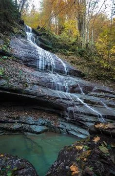Waterfall in the bosom of the forest. Stock Photos