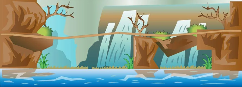 Waterfall Bridge Game Background Vector Illustration Stock Illustration
