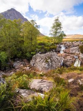 Waterfall with Buachaille etive mor, Glen Coe, Scotland, UK Stock Photos