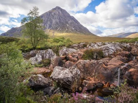 Waterfall with Buachaille etive mor, Glen Coe, Scotland, UK Stock Photos