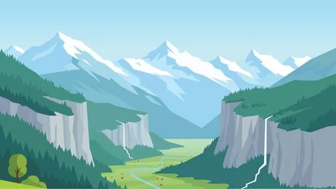 Waterfall Carved Valley Flat Design Alpine Serenity Stock Illustration