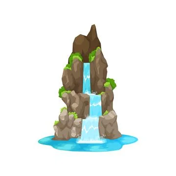 Waterfall cascade, cartoon water fall on mountain 스톡 일러스트