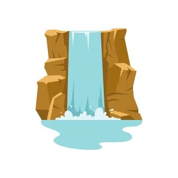 Waterfall cascade in mountains, flat vector illustration isolated on white. Stock Illustration