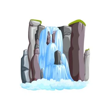Waterfall cascade in mountains. Waterfall front view isolated in white Stock Illustration