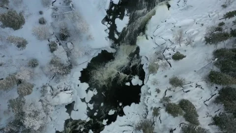 Waterfall / Cascade In A River From Above During Winter - Aerial Shot Stock Footage 205437461