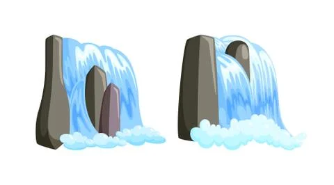 Waterfall cascade streaming down with foam. Set of fairytale cascade of blue Stock Illustration