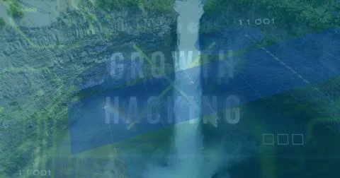 Waterfall cascading amid cliffs with green vegetation, mist, digital grid codes Foto stock