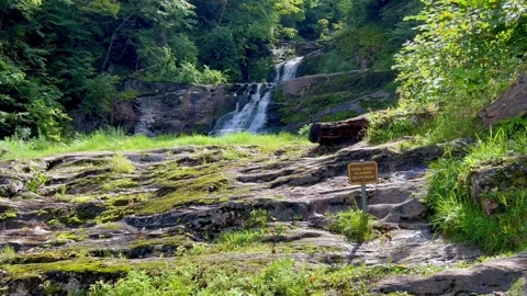 Waterfall Cascading Behind Closed Area Sign on Forest Rocks Vídeos de archivo 344812092