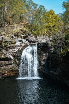 Waterfall cascading into a deep pool amidst lush forest in the Scottish Stock Photos