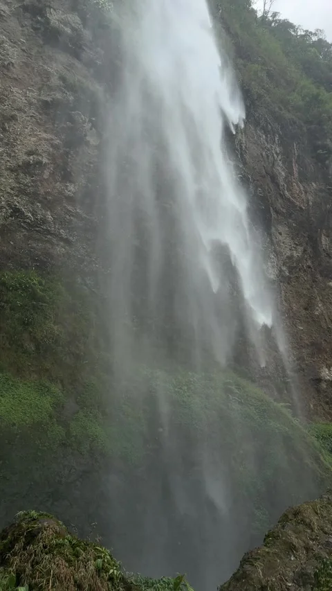 Waterfall Cascading Down Green Tropical Cliff in Vertical Orientation Stock Footage 323912476