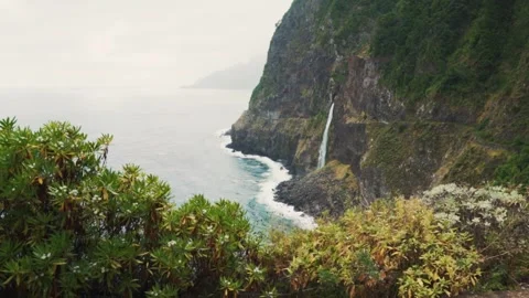 Waterfall cascading down lush cliffside into ocean Stock Footage 293158909