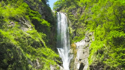 Waterfall cascading down lush green mountain cliffs in forest Stock Footage 342333557