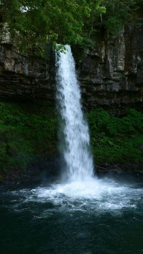 Waterfall cascading down a lush rock face (Realtime / ZOOM OUT) Stock Footage 339638024