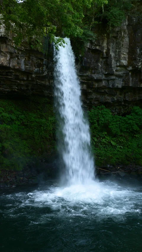 Waterfall cascading down a lush rock face (Realtime / ZOOM IN) Stock Footage 339638026