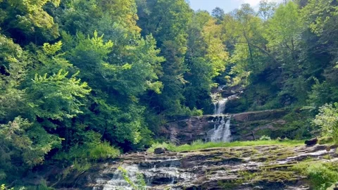 Waterfall Cascading Down Rock Ledges in Forest Wide Shot Stock Footage 344812031