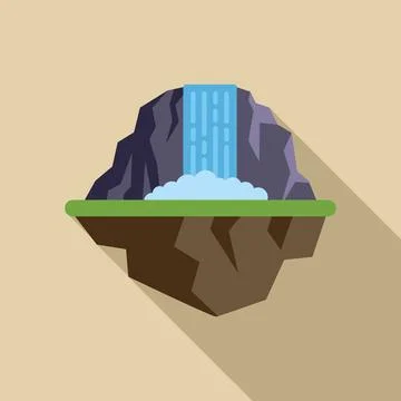 Waterfall cascading from mountain on floating island with long shadow Illustrazione stock