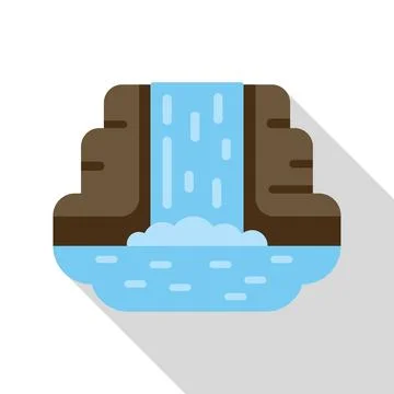 Waterfall cascading from mountain into river flat design icon with long shadow Stock Illustration