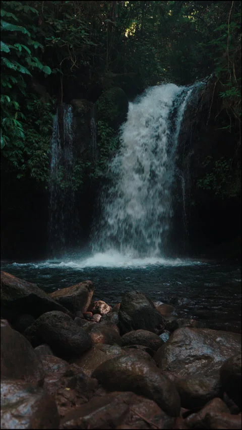 Waterfall cascading over rocks in a lush tropical jungle setting with vibrant Stock Footage 276112051