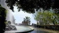 Waterfall of Castle Hill in Nice tourists enjoying cityscape on observation deck HD Footage
