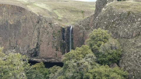 Waterfall off a cliff with green grass in slow motion Stock Footage 290957809