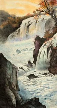 Waterfall cliffs and autumn Stock Illustration