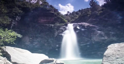 Waterfall, clouds, sky, rocks, green water timelapse Stock Footage 247133133