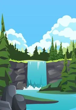 Waterfall in coniferous forest vector illustration, cartoon summer landscape Stock Illustration
