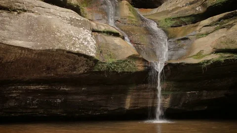 Waterfall Crashing into Lake Below With Cliffs and Rocks in the Area Stock Footage 81496181