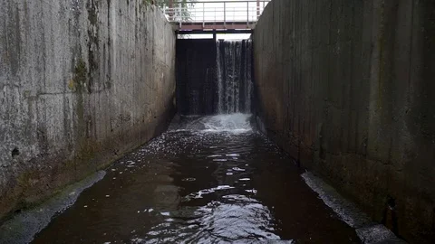 Waterfall, dam. Between the concrete slabs in the forest Stock Footage 112077309