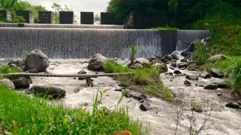 Waterfall dam river flow green beautiful nature calm village Stock Footage 265398765