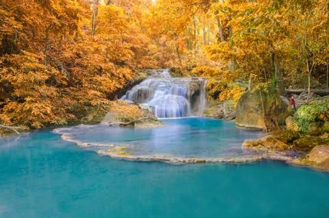 Waterfall in deep forest at erawan waterfall national park, Stock Photos