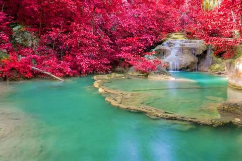Waterfall in Deep forest at Erawan waterfall National Park Stock Photos