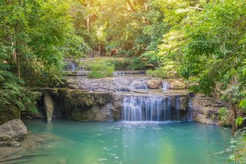 Waterfall in Deep forest at Erawan waterfall National Park Stock Photos