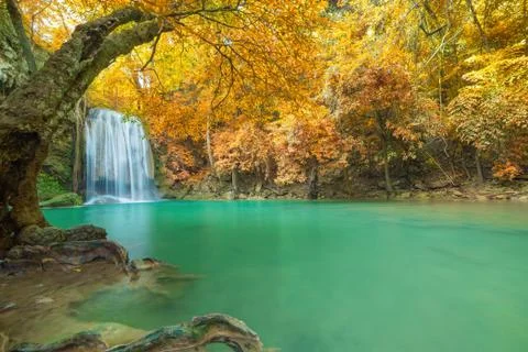 Waterfall in Deep forest at Erawan waterfall National Park, Stock Photos