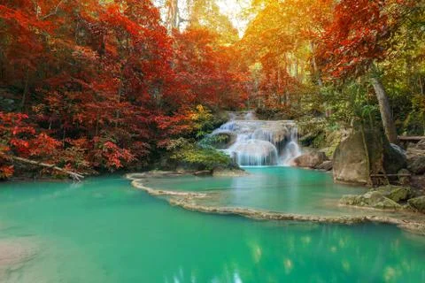 Waterfall in Deep forest at Erawan waterfall National Park, Stock Photos